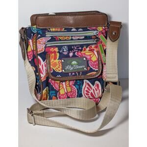 Lily Bloom Floral Butterfly Crossbody Shoulder Bag Multi Pocket Navy Brown